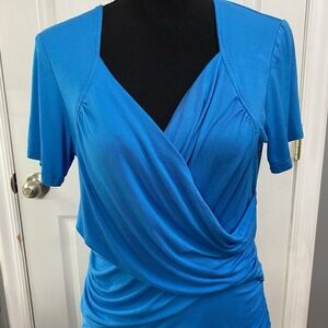 Zeagoo Blouse‎ Drape Short Sleeve Bright Blue Size Large V-neck